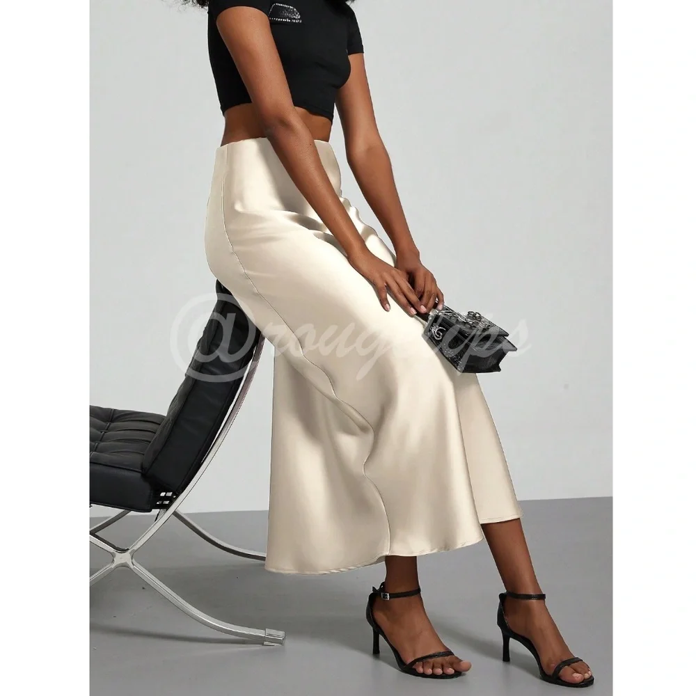 Champagne Beige Satin A-Line Skirt High Waisted Long - Picture 3 of 11
